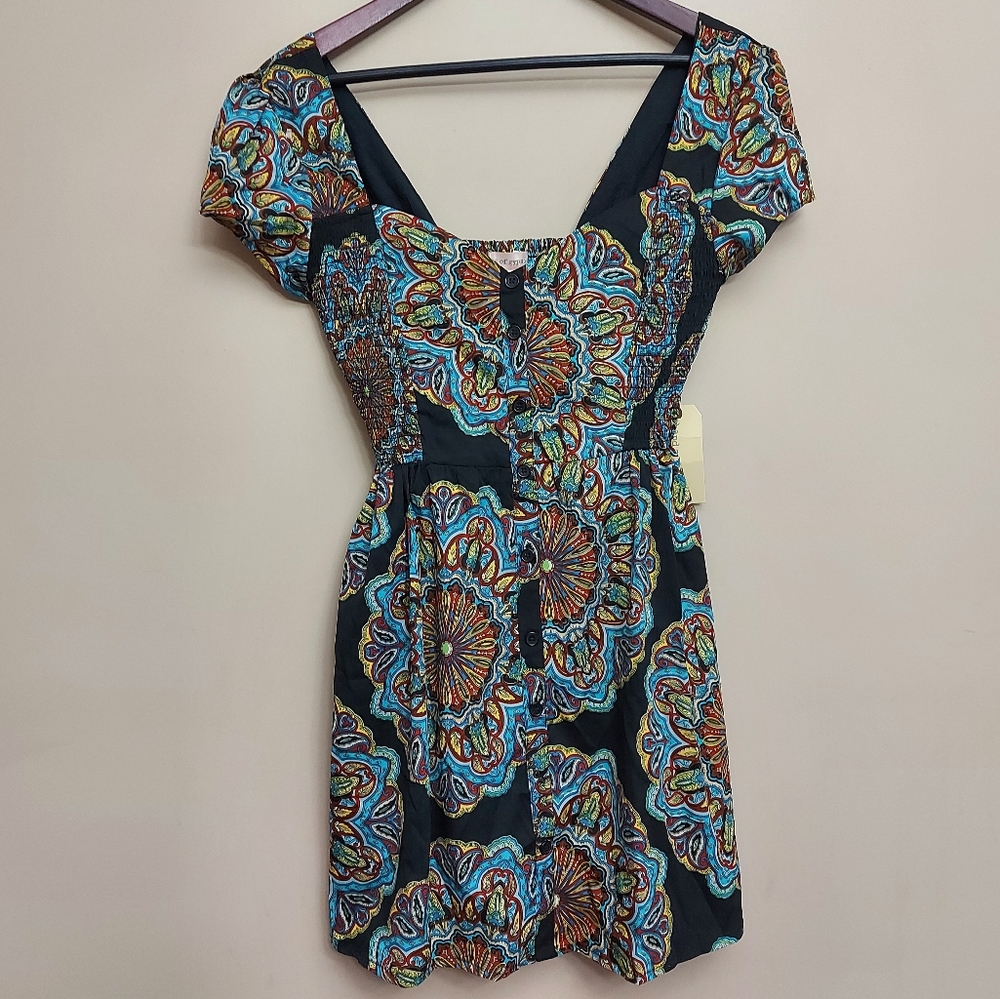 Band of Gypsies button front patterned mini dress withshort sleeve back rouching